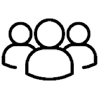 A black and white pixel art icon showing three stylized people figures grouped together, symbolizing a community or group.